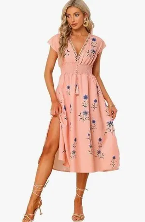 NEW Allegra K Deep V Neck Boho Floral Smocked Waist Midi Dress L thumbnail 1