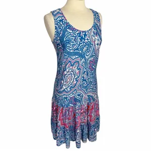 MSK Drop Waist Sleeveless Tiered Midi Dress Bright Blue Paisley, Medium‎ thumbnail 4