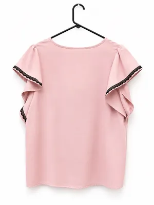 SHEIN Pink Flutter Sleeve Lace Trim Blouse thumbnail 2