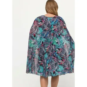Ulla Popken Size-20/22-Tropical Cape Floral Pleated Chiffon Dress‎ Teal thumbnail 3