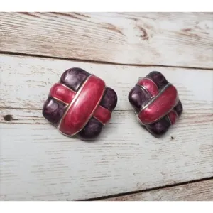 Vintage Clip On Earrings - Dark Purple & Dark Pink - 1" thumbnail 2