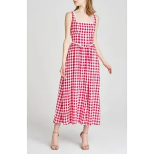 💕WAYF x Styled Coco!💕 Gracie Gingham Linen-Blend Midi Dress Red Gingham XL NWT thumbnail 8