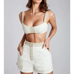 Meshki Yalda Beige Linen Colorblock Sleeveless Bustier Scoop Neck Crop Top Sz S thumbnail 9