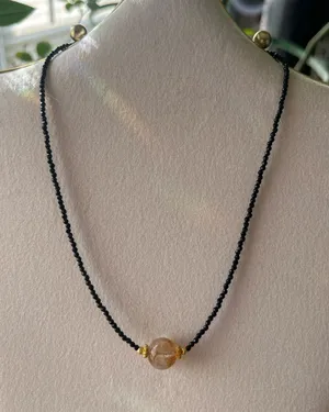 Black Spinel Beaded Necklace with Gold accents and Citrine Crystal thumbnail 1