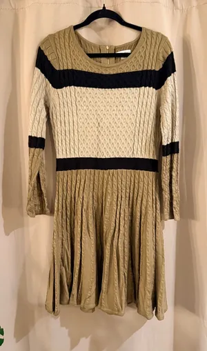 Calvin Klein Beige, Black and Cream Cable Knit Fit-and-Flare Dress thumbnail 1