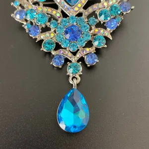 Large Royal Blue & Aqua Rhinestone Statement Brooch Pin Dangle Teardrop thumbnail 5