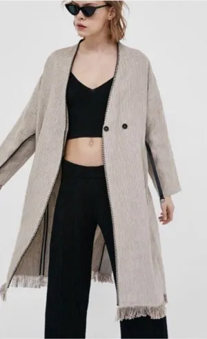 Zara Woman 100% Linen Striped Duster Coat Whipstitch Trim Beige XS Open‎ Front thumbnail 1
