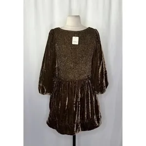 NWT!! FREE PEOPLE Farrier Velvet Mini Dress Smocked Solid Brown Bear Mini Medium thumbnail 9