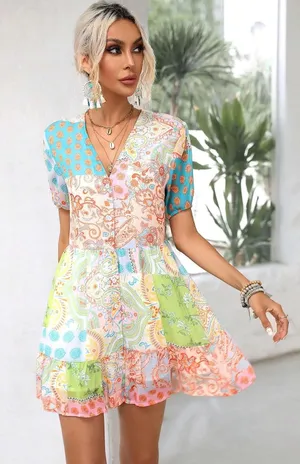 🌸 SHEIN Bohemian Floral & Paisley Patchwork Mini Dress | V-Neck Short Sleeve 🌸 thumbnail 1