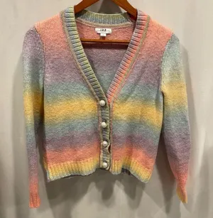 Rainbow stripe soft fuzzy wool blend chunky pearl button cardigan crop sweater thumbnail 1
