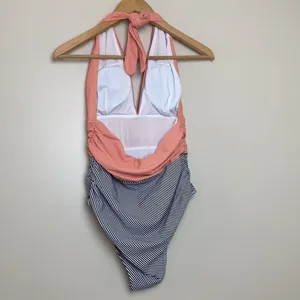 Cupshe Keeping You Accompanied Stripe One-Piece Halter Swimsuit Size M Coral‎ thumbnail 6