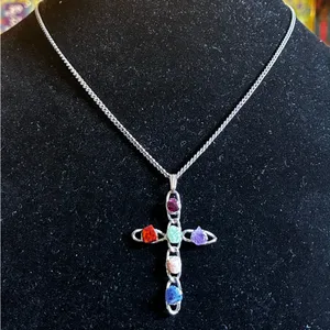 Multicolor Raw Gemstone Cross Necklace Silver tone thumbnail 1