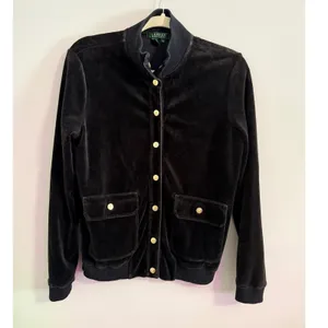 LAUREN Ralph Lauren Velour Bomber Jacket Crest Gold‎ Button Black Size M thumbnail 2