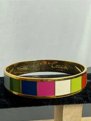 COACH Y2K Legacy Stripe Bangle 1/2" Wide Bracelet Gold Tone Multicolor 7.5" thumbnail 10