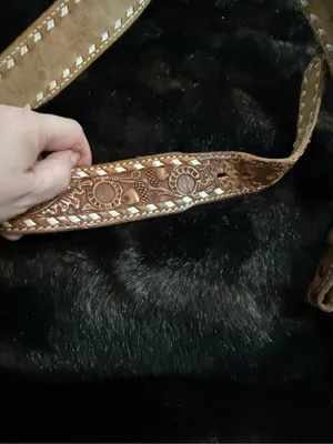 Vintage Tooled Cowhide Belt Tex tan 34” Floral Tan Gold Leather fall acorn leave thumbnail 4