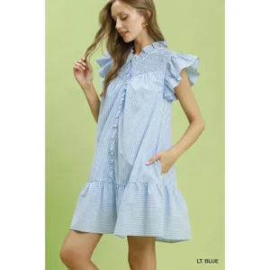 Umgee Stripe Smocked Yoke Ruffle‎ Dress - Lt. Blue - Small thumbnail 2