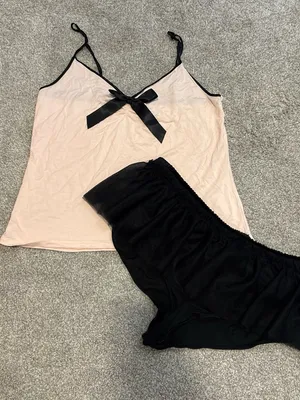 Victoria's Secret NWT Soft Pink and Black Satin-Trim Cami & Booty short sleep set Large thumbnail 1