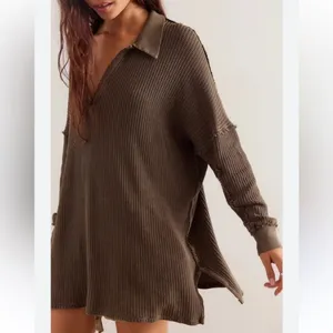 We The Free Free People Travis Tunic Polo Top Waffle Knit Thermal Green Oversized Lounge M thumbnail 3