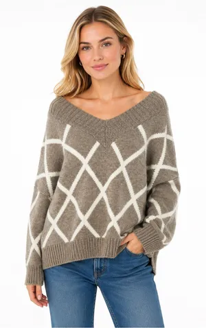 Abercrombie & Fitch Oversized Vintage Taupe Cream Geometric Knit Sweater Large thumbnail 1