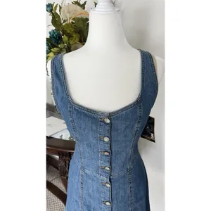 Lee Women’s Blue Denim Button Front Sleeveless Square Neck A-Line Dress Size S thumbnail 2