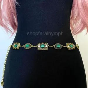 Gold Y2K Emerald Green Jewel Whimsygoth Chain Belt, Fits 26-35 Inches, X7GA1382 thumbnail 5