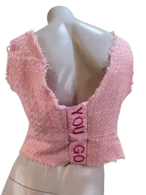 Handmade OOAK Pink Tweed Boucle Fringe Crop Top You Go Girl Back S M Barbiecore thumbnail 2