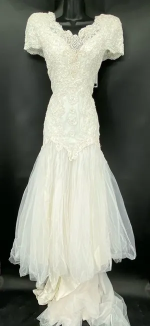 Vintage 80s ILGWU Sequin Pearl Lace Wedding Dress Off-Shoulder Drop Waist Train⁠ thumbnail 1