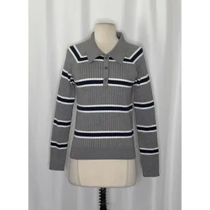 BOHME Striped Polo Henley Sweater Gray Navy Blue White Buttons Pullover Large thumbnail 2