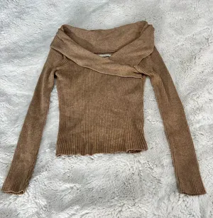 Anthropologie Brown Ribbed Crossover Wrap Neck Long Sleeve Top S Y2K thumbnail 1