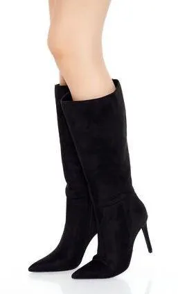 Forever 21 Black Knee-High Faux Suede Stiletto Boots Booties Heels thumbnail 1