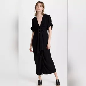 Free People Vintage Summer Midi Dress Tie Front Button down Black Size Large thumbnail 4