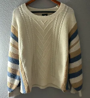 Harper & Liv Cream Knit Striped Crewneck Sweater thumbnail 1