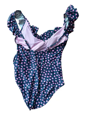 Aerie One Piece Swimsuit Medium Floral Ruffle V Neck Pink Green Bathing Suit thumbnail 4