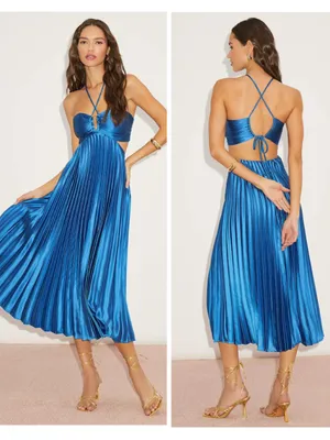 Lulus Aerin Blue Satin Pleated Cutout Midi Dress Size Medium Sleeveless Cocktail thumbnail 2