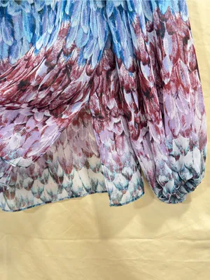 BCBGMAXAZRIA Feather Print Sheer Peasant Blouse Blue Purple Tie Neck Size L thumbnail 9