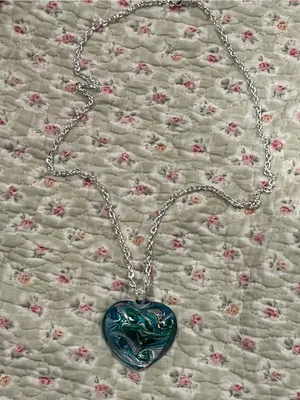 Handmade Teal & Green Heart Glass Pendant Necklace thumbnail 3