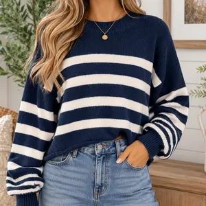 Sincerely Jules Womens Sweater Navy White Striped Cropped Knit M thumbnail 1