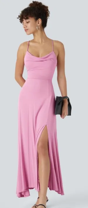 Halara Backless CrissCross Slit Midi Dress Lace Up Long Cowl Neck Pink Lilac NWT thumbnail 1
