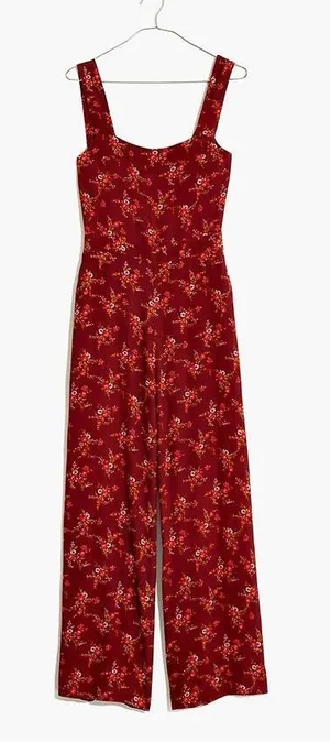 Madewell Apron Bowback Jumpsuit Red Floral Wide Leg Open Back Size 2 thumbnail 1