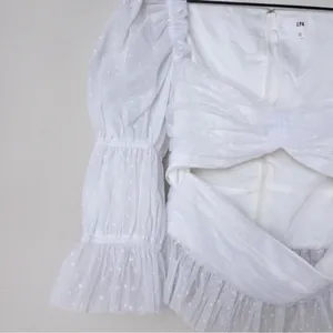 NEW LPA Dolores Top S Ivory Sheer Dot Puff Sleeve Cutout Pleated Peplum Tulle thumbnail 8