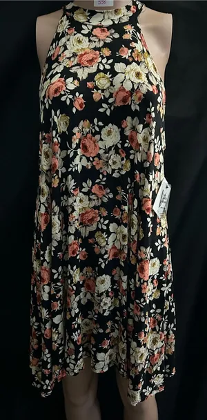 Vibe Sportswear Floral Halter Swing Dress Black Coral & Cream Roses LG NWT thumbnail 1