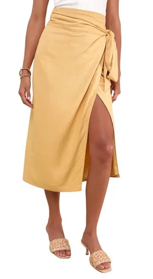 Lulus NWT Breezy Personality Yellow Linen Midi Wrap Skirt Medium thumbnail 1
