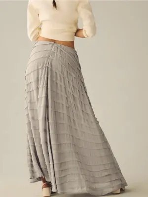 NEW Anthropologie Gray Layered Ruffle Asymmetrical Boho Quiet Luxury Maxi Skirt thumbnail 3