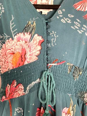 Jaase Maxi Dress XS Teal Floral Boho Autumn Wedding Guest Smocked V-Neck thumbnail 9