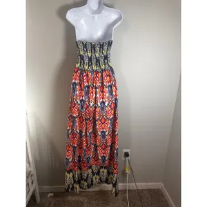 Forever 21 Strapless Smocked Maxi Dress Multicolor Ikat Tribal Print Small‎ Boho thumbnail 4