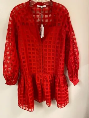 English Factory Women's Check Organza Buttoned Long Sleeves Red Mini Dress thumbnail 2