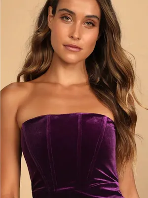 Lulus Glamorous Celebrations Dark Purple Velvet Strapless Tulip Dress size small thumbnail 3