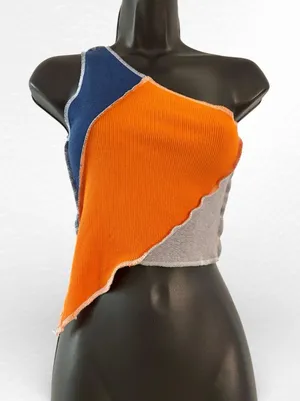 Colorblock Asymmetrical Knit Top Orange Size M thumbnail 1