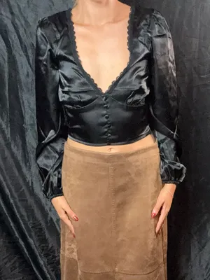 Brave Soul NWT Black Satin Lace-Trim Crop Top thumbnail 2