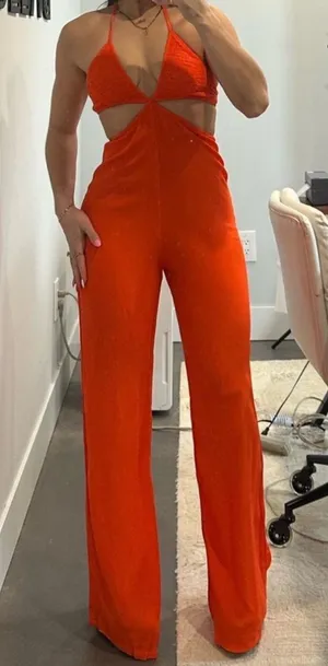 Olivaceous Cutout Halter Wide-Leg Jumpsuit - Orange thumbnail 1